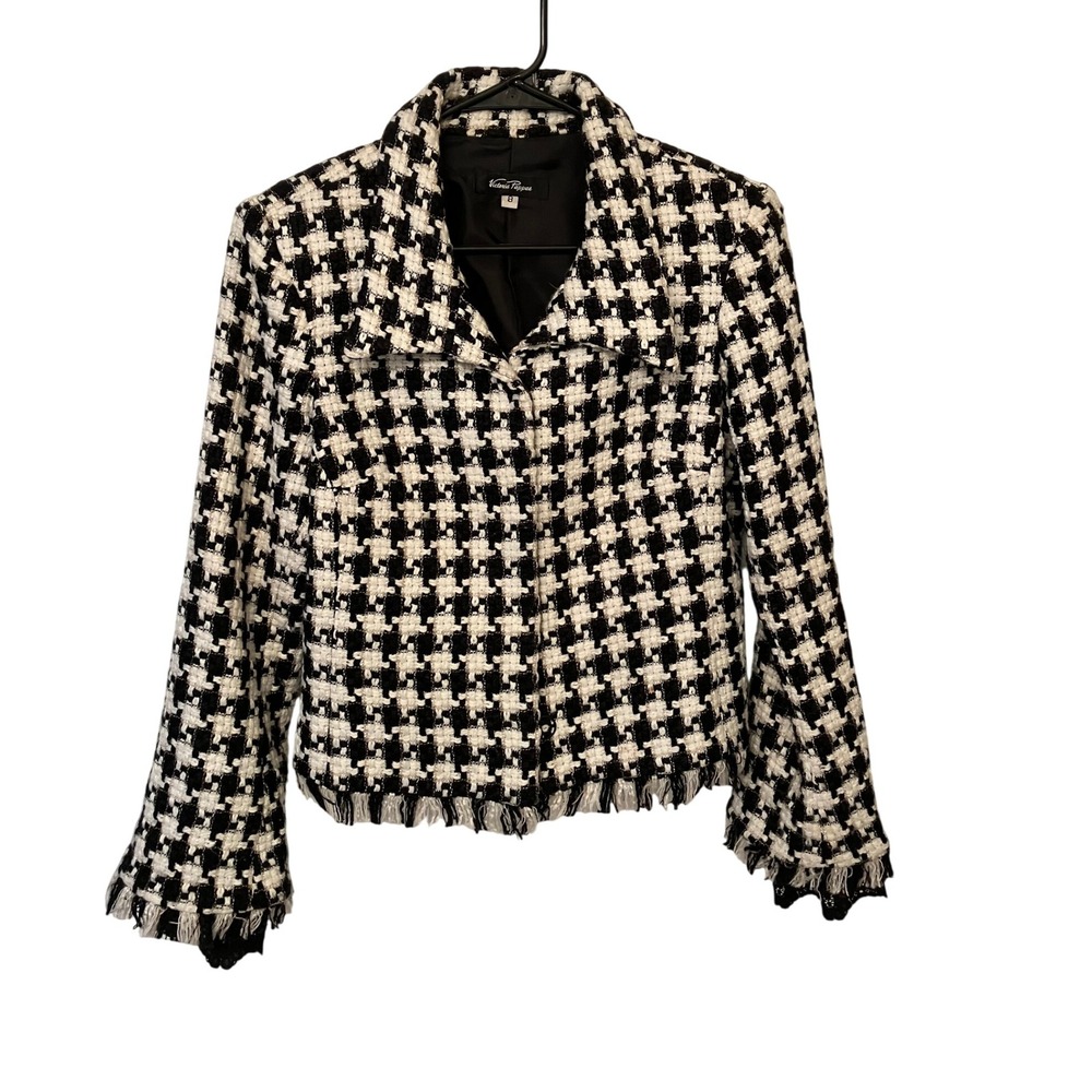 Victoria Pappas Houndstooth Wool Blend Vintage Blazer Jacket‎ black & white sz 8